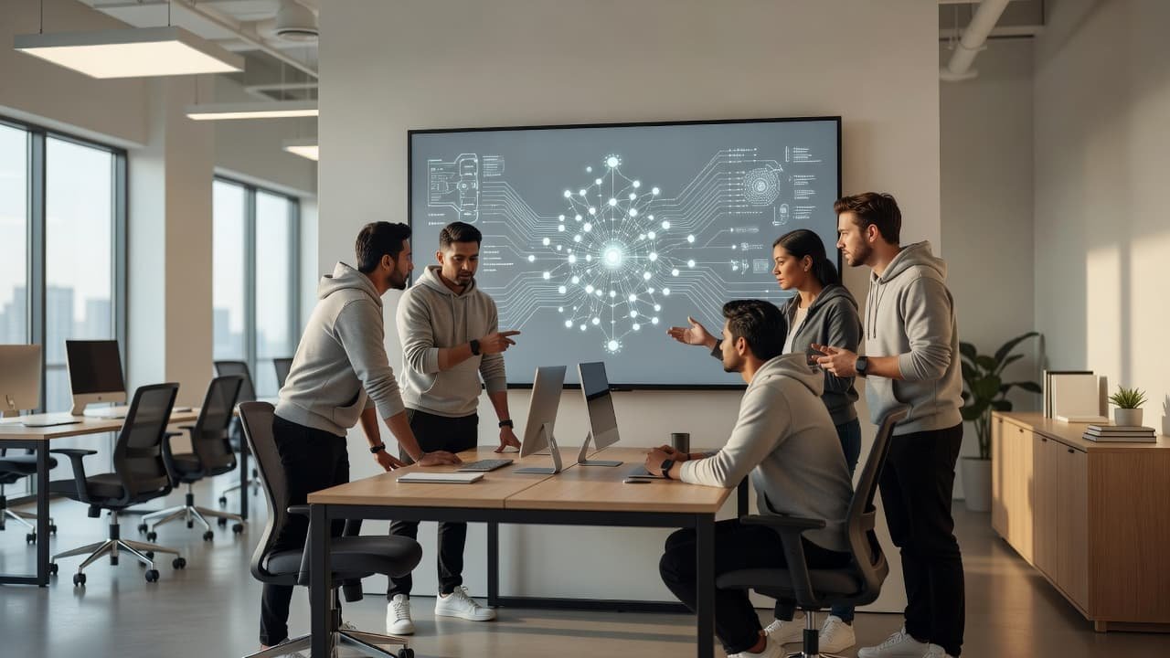 A software team looks at a monitor showing complex data networks in a modern office space.