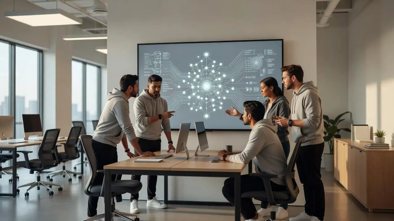 A software team looks at a monitor showing complex data networks in a modern office space.