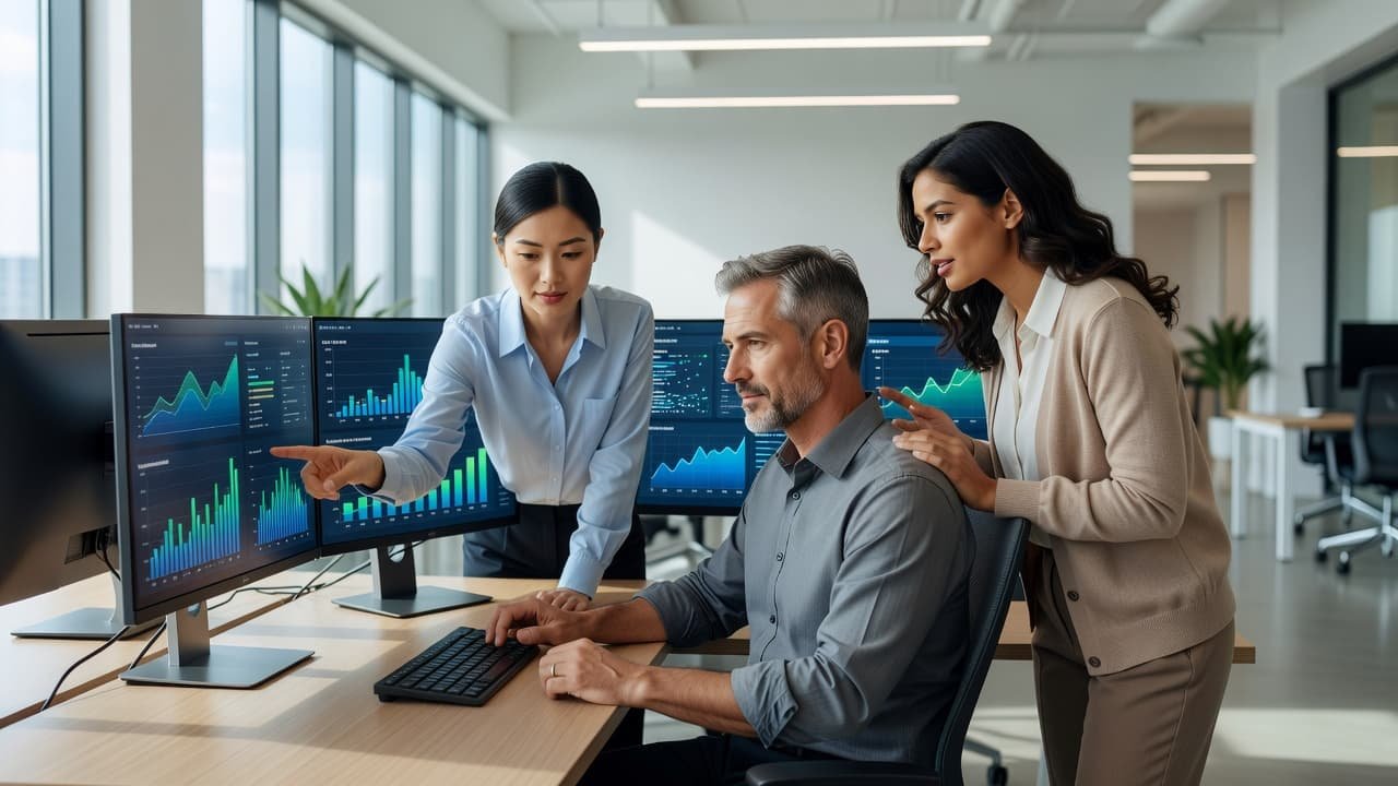 Three employees analyzing data on multiple office monitors in a sunlit room.