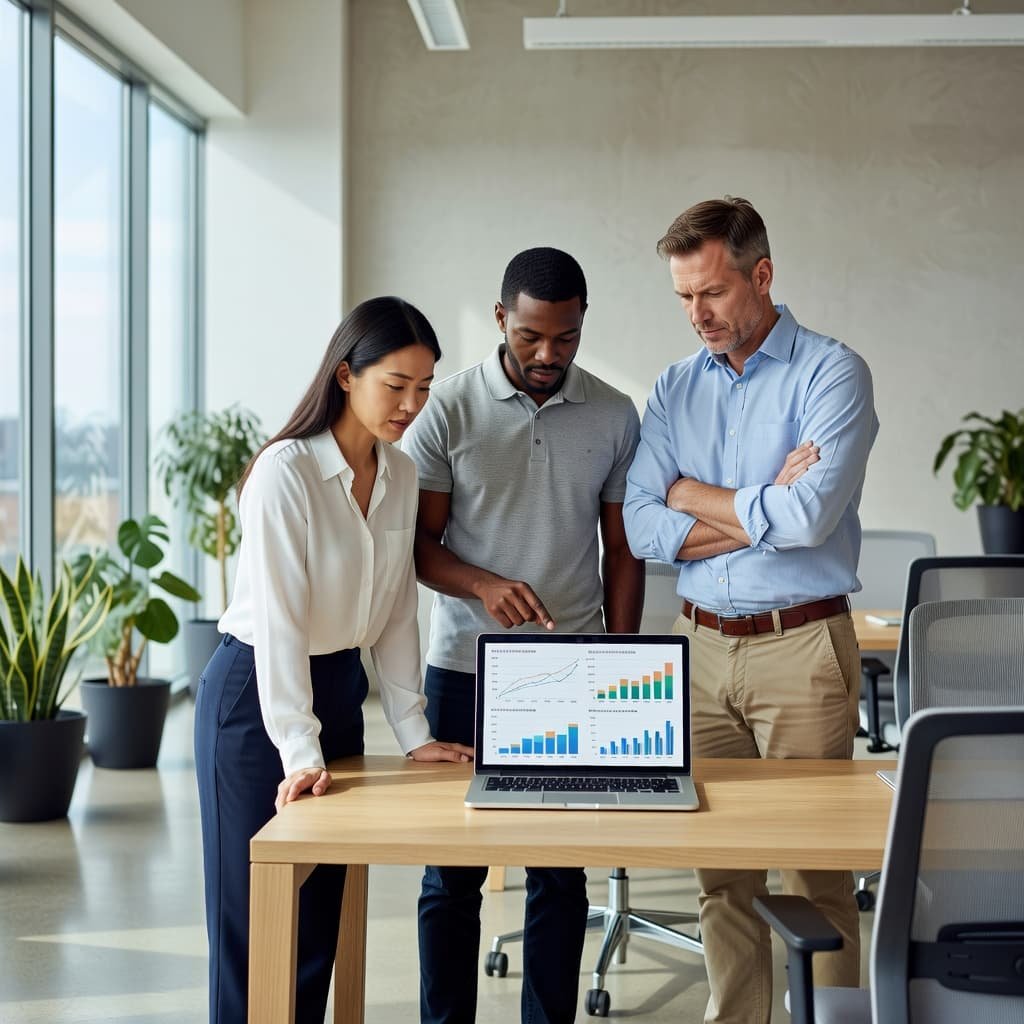 Three software developers look at performance charts on a laptop in a bright office.