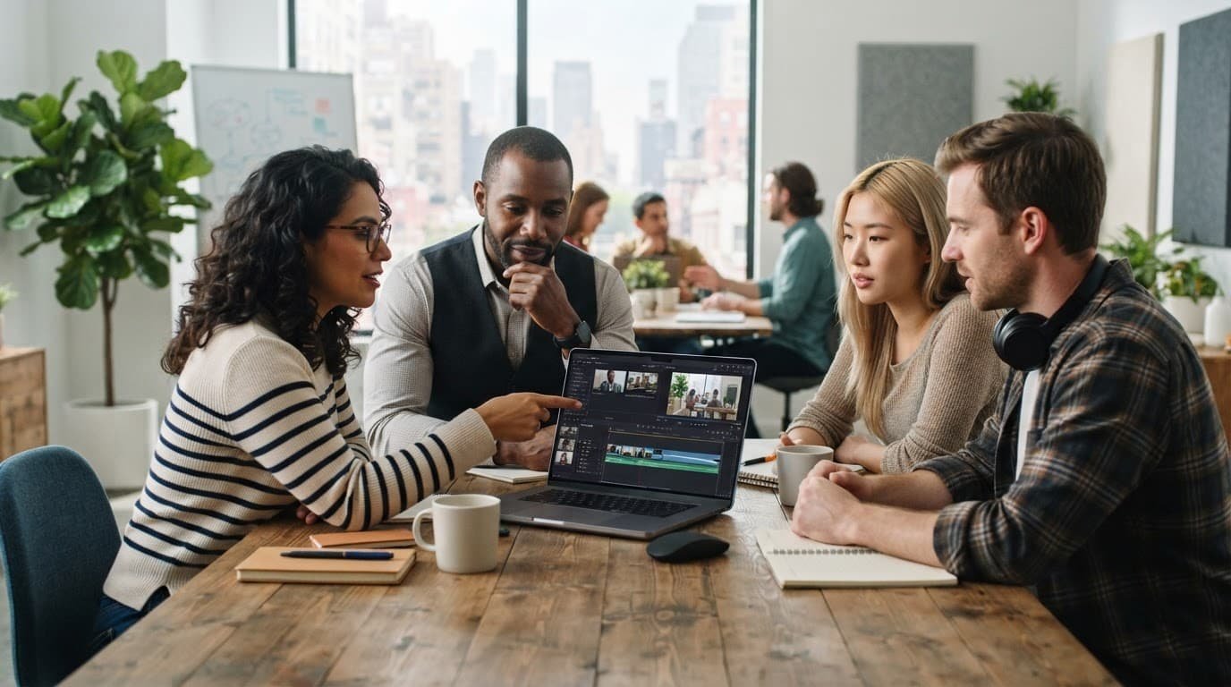 Coworkers collaborating around a laptop to evaluate training software.