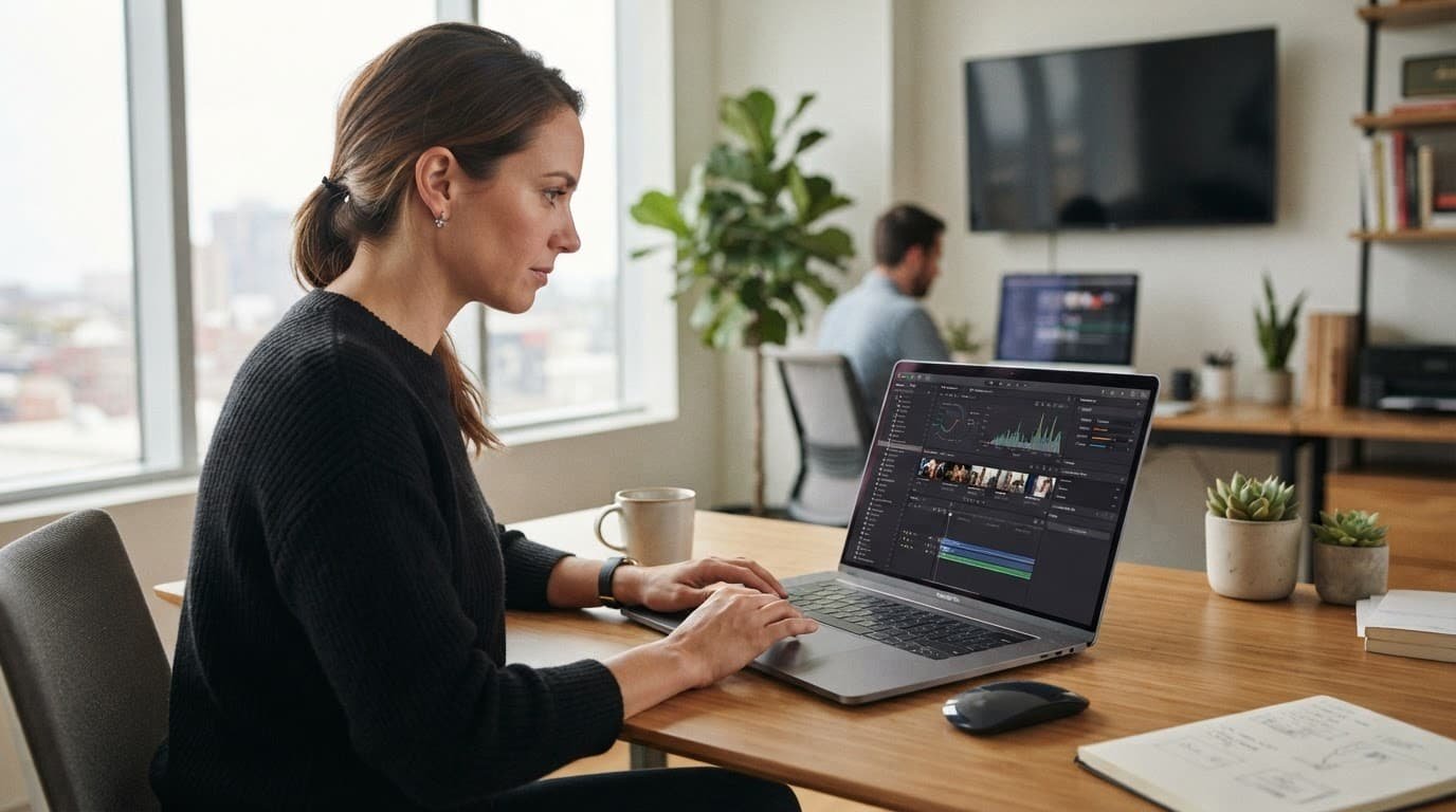 A professional at a laptop reviewing software localization settings.