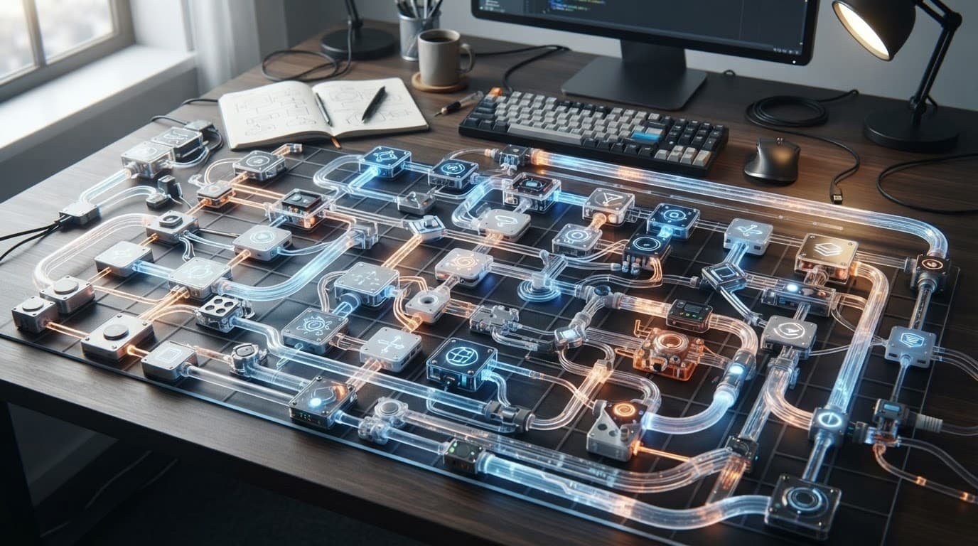 A physical flowchart with connected nodes and data pipes displayed on a bright office desk.