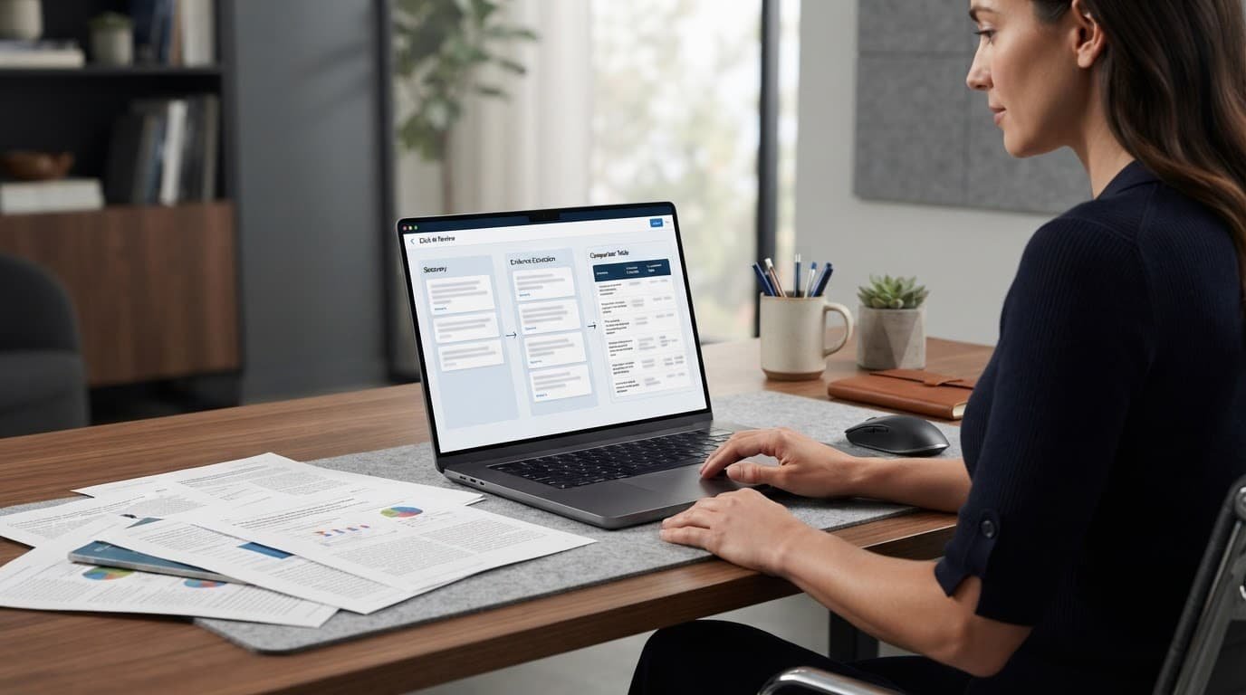 Laptop, research papers, and a comparison table arranged on a modern desk.