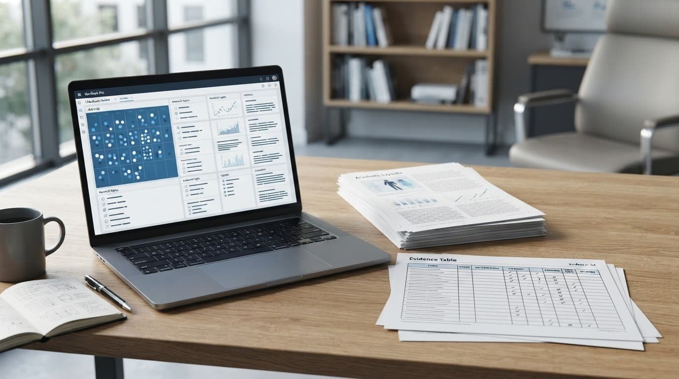 Laptop, sorted papers, and an evidence table arranged on a clean office desk.