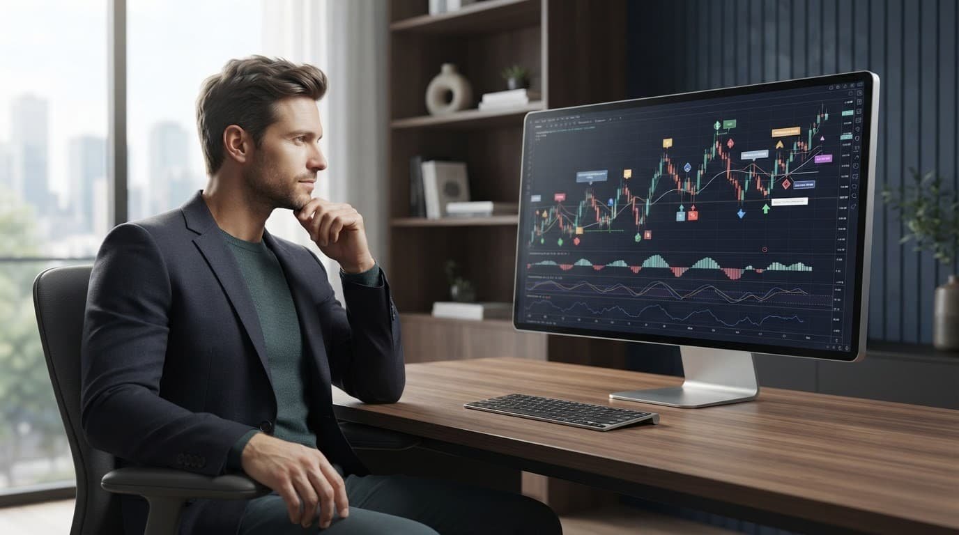 A trader reviews abstract market charts on a desktop monitor in a modern home office.