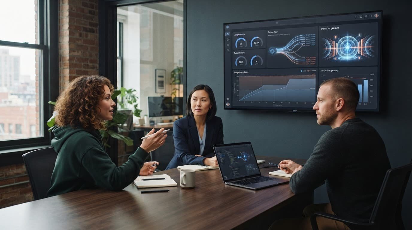 Three coworkers review usage meters and budget controls on large office screens.