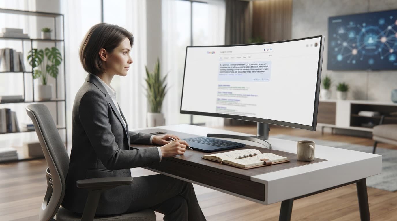 Analyst viewing an angled monitor with search results beside a laptop.