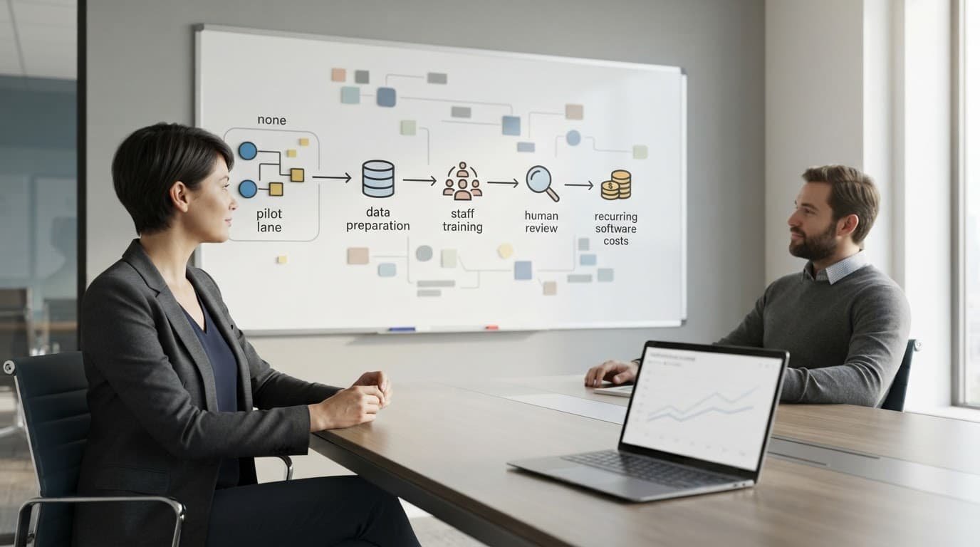 Two colleagues review a four-step workflow board beside a laptop.