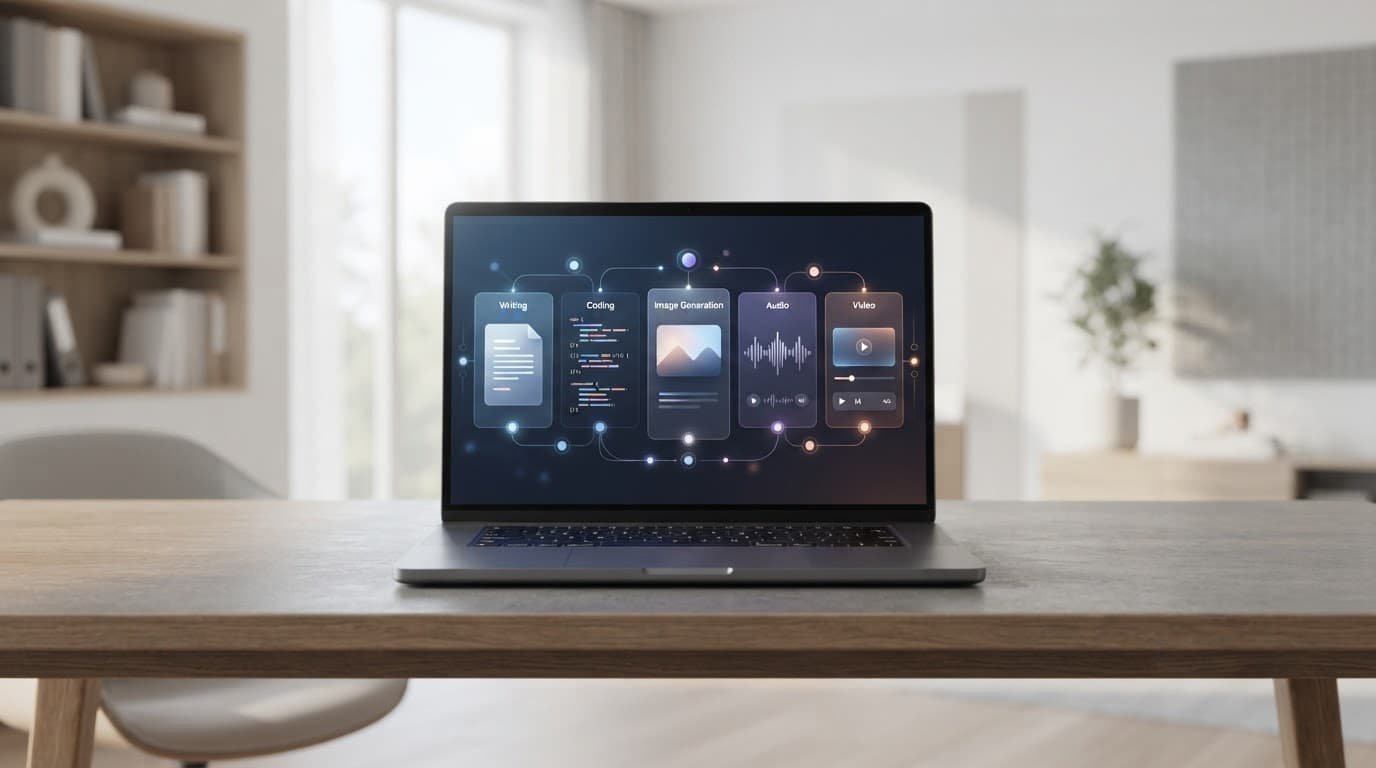 A laptop on a clean desk with abstract panels for different creative tasks.