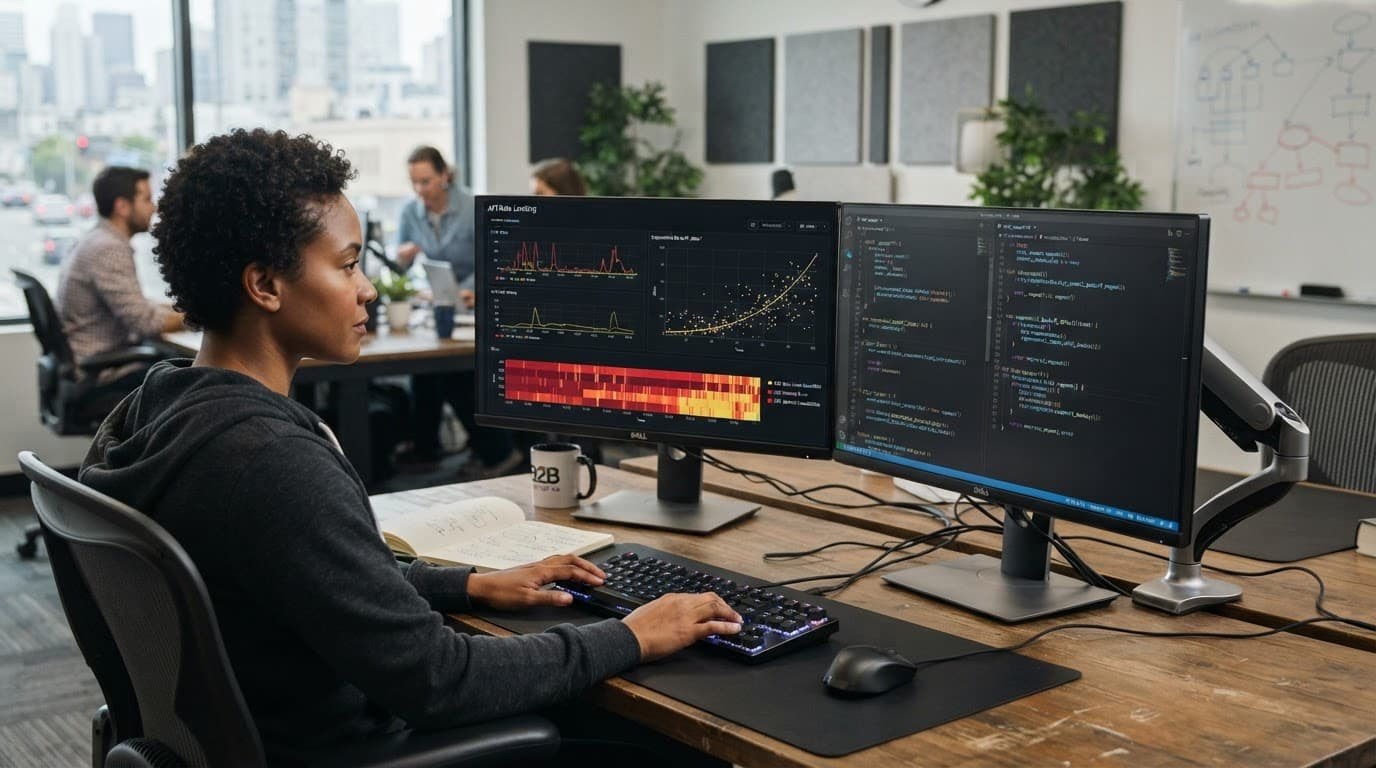 Dual monitors show API graphs beside a developer keyboard and desk lamp.