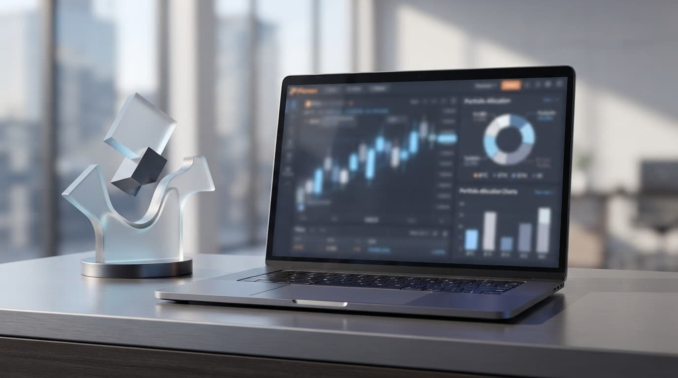Laptop showing blurred trading charts beside abstract portfolio graphics.