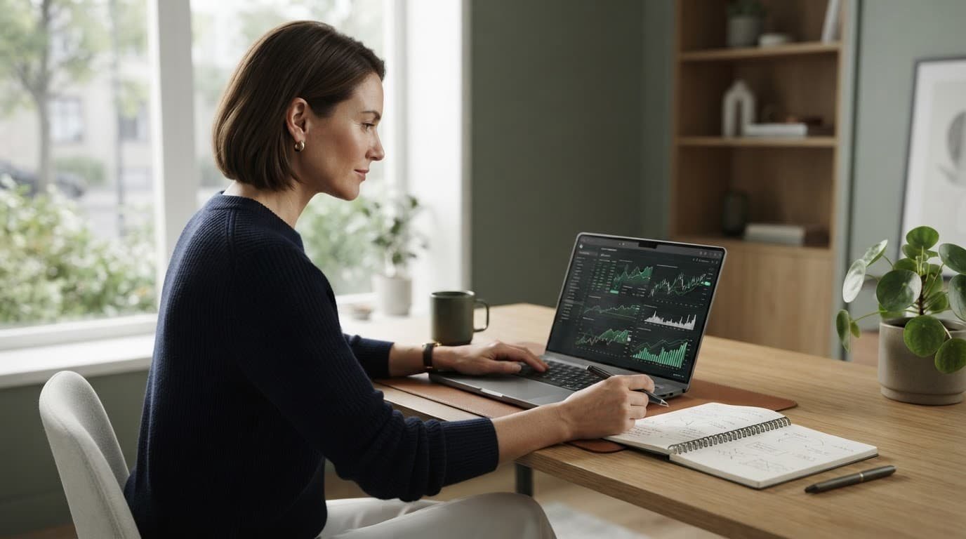 One person reviews investing charts on a laptop beside a notebook in a bright home office.