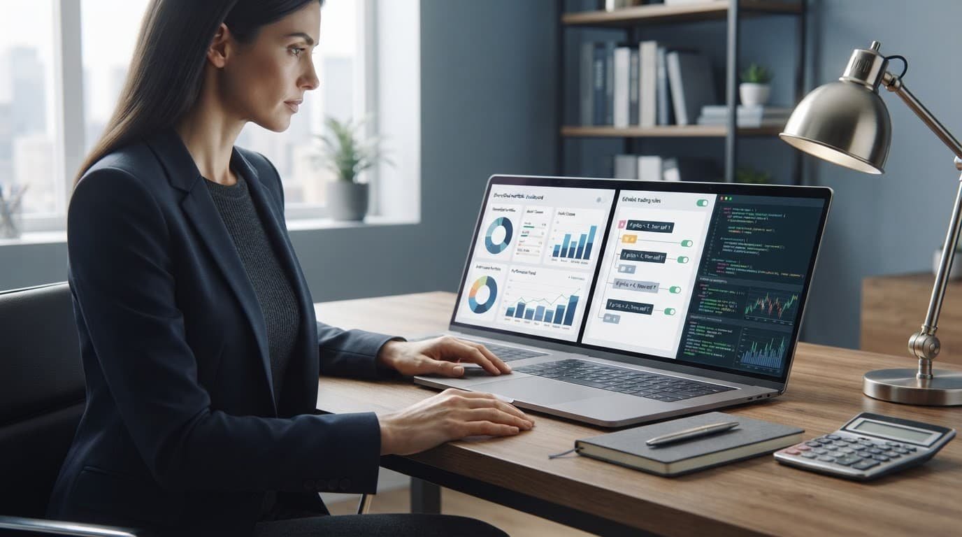 An investor reviews three investing tools on a laptop beside a notebook and calculator.