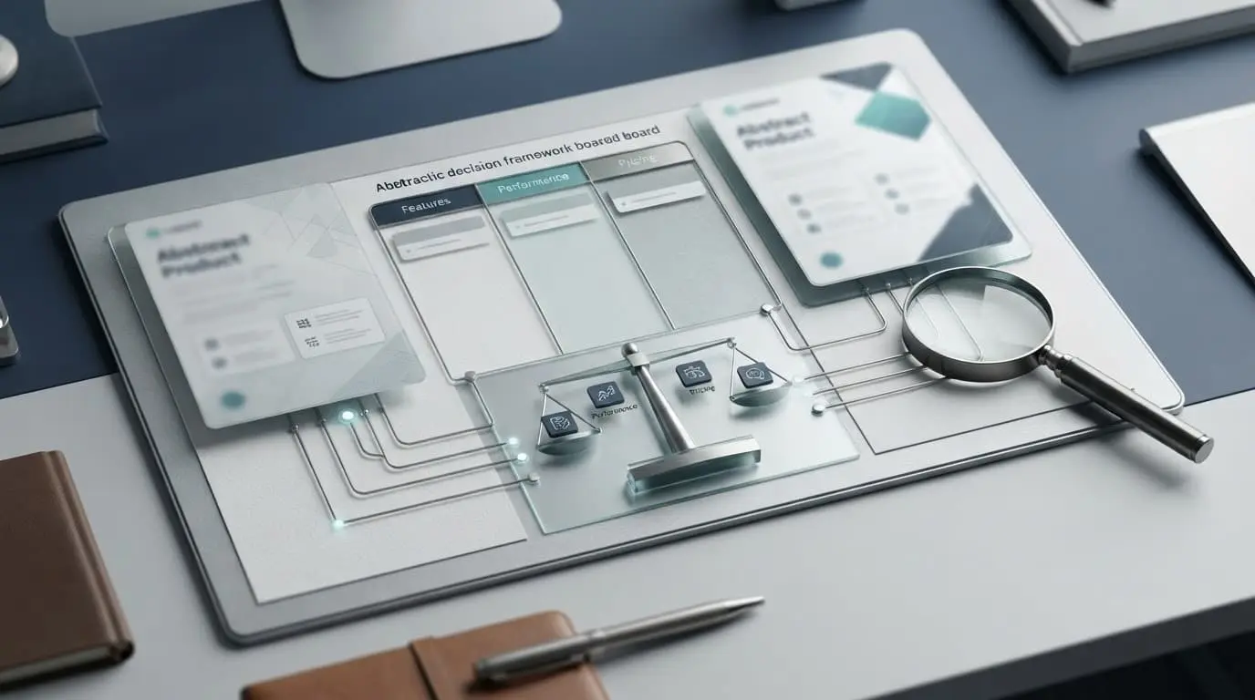 Two software cards, a scale, data links, and a magnifying glass on a clean desk.