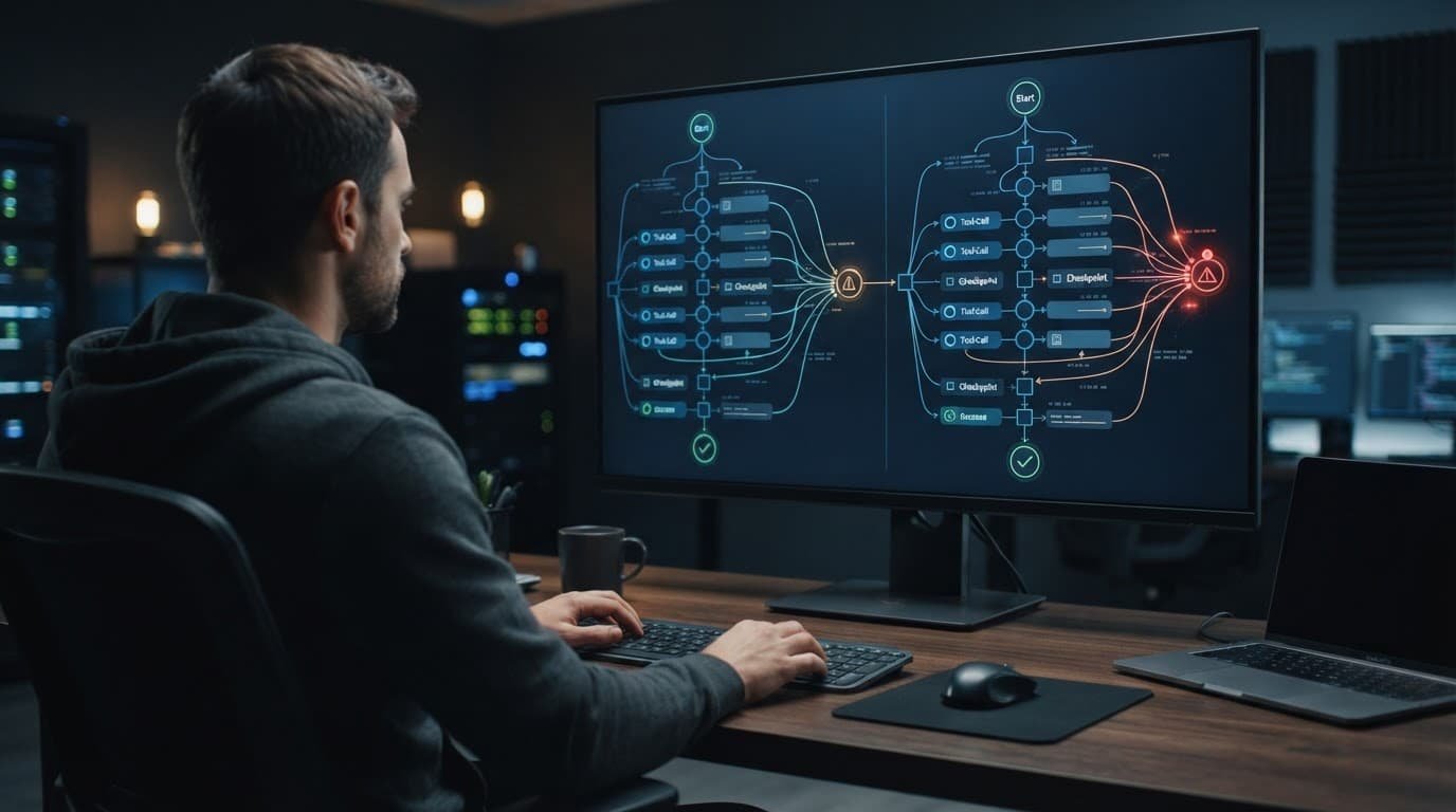 Developer viewing branching workflow traces with checkpoints and one red error point on a monitor.