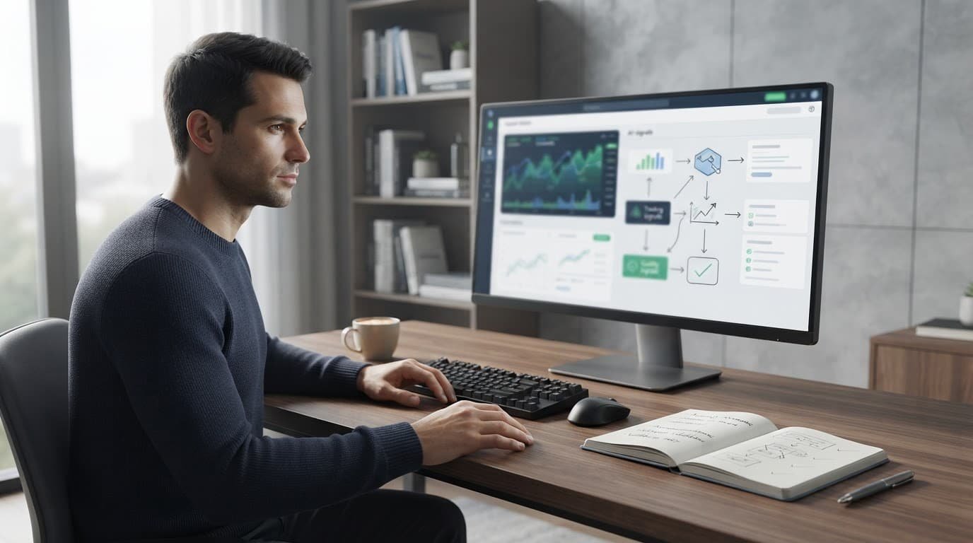 A trader reviews charts on a monitor beside a notebook in a modern home office.