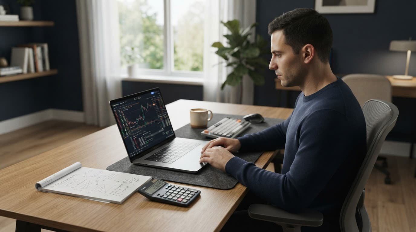 A person checks a trading bot on a laptop beside risk notes and a calculator.