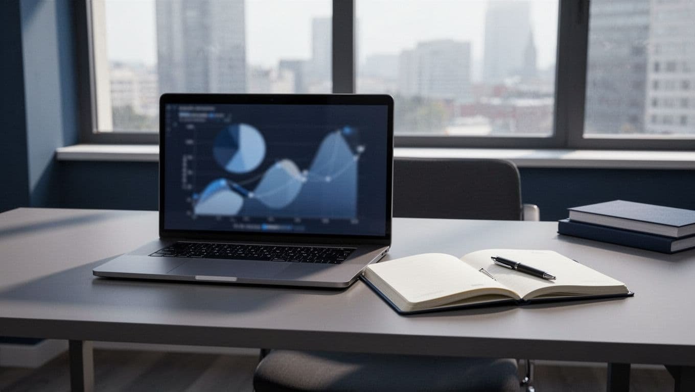 Laptop with blurred charts beside a notebook and pen on a clean desk.