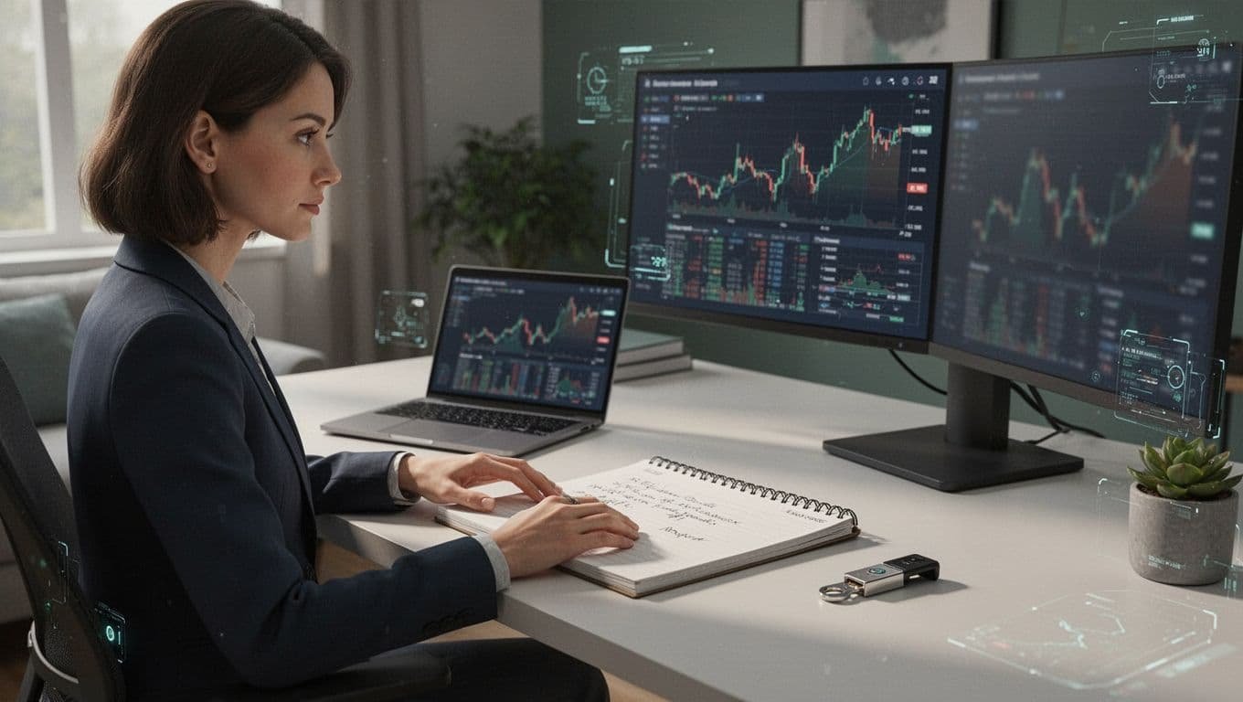 A trader reviews a notebook beside a laptop and blurred market charts.