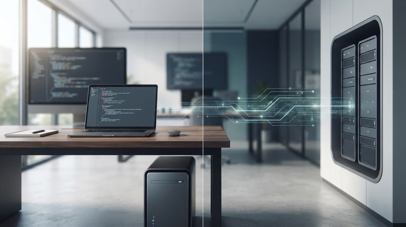 Laptop and workstation connected to cloud infrastructure in a modern office.