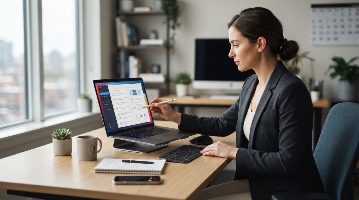 One person reviews a checklist on a laptop at a clean modern desk.