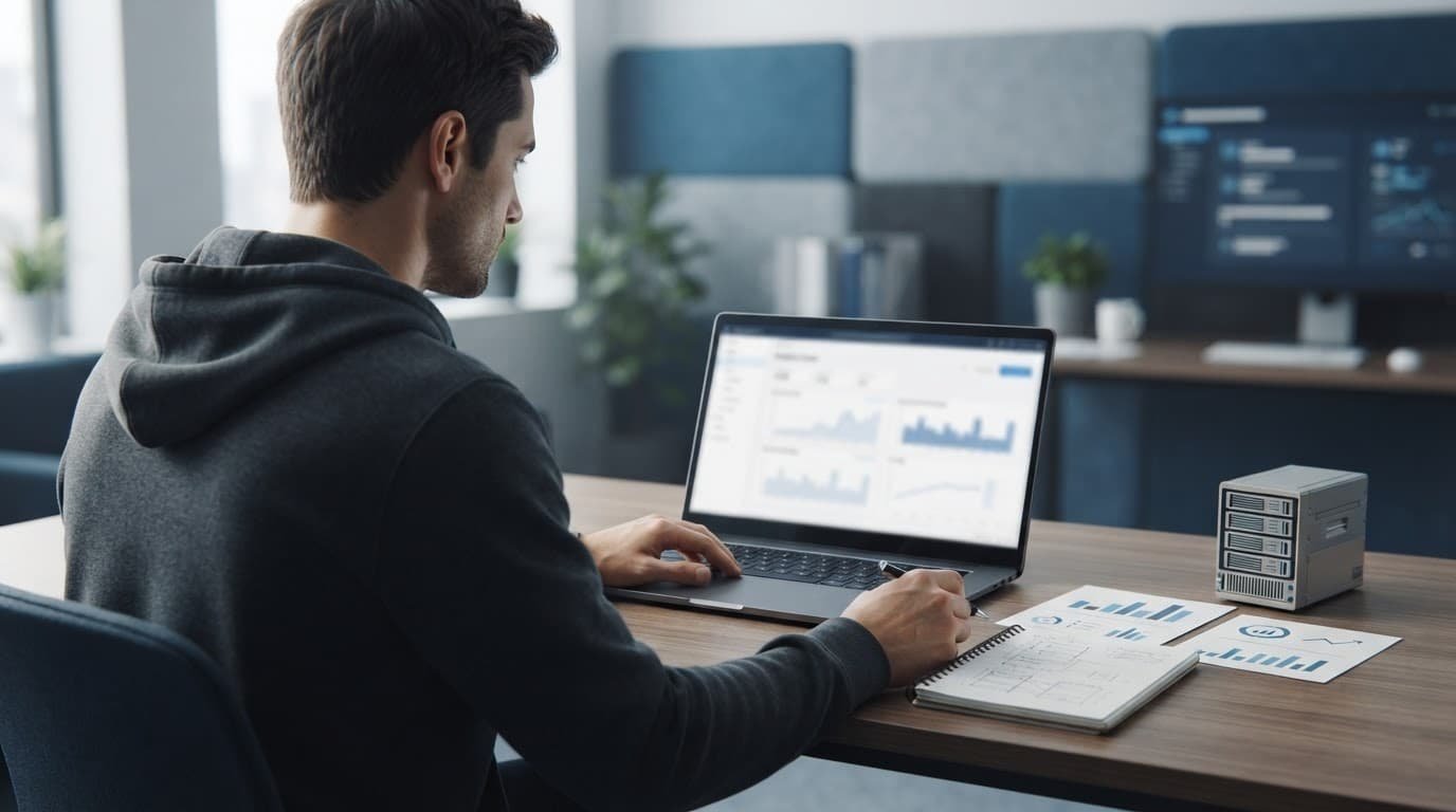 Developer reviewing cloud services beside a laptop, notes, usage cards, and a server model.