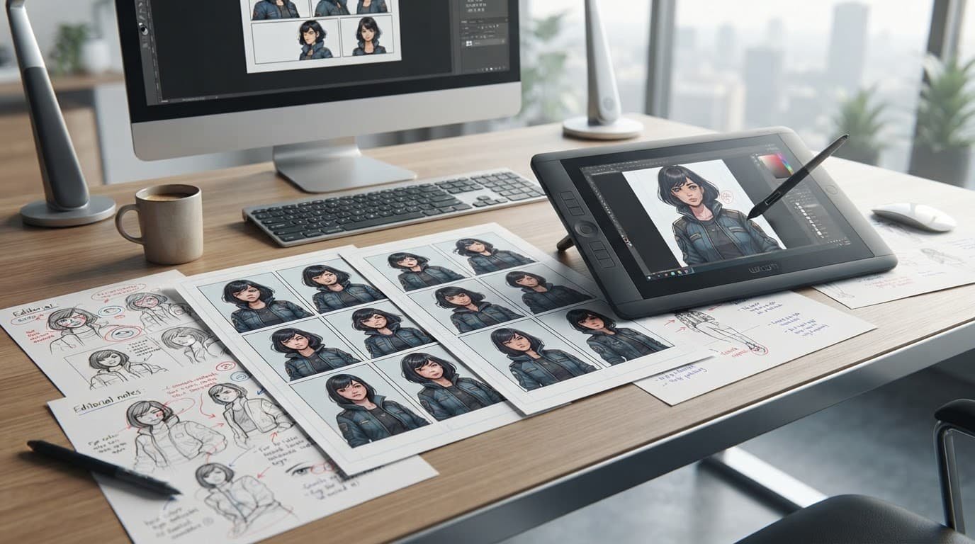 Draft comic panels show different versions of one character beside a tablet and editing notes.