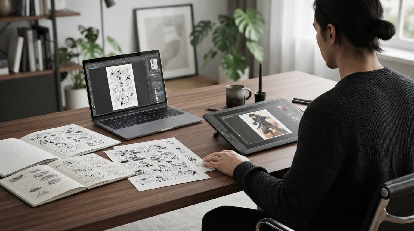 A person reviews comic sketches and a refined panel beside a digital art workspace.