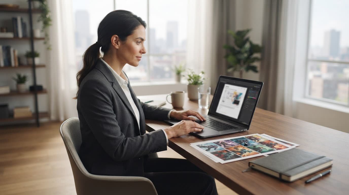 A reviewer examines comic panels beside a laptop and notebook.