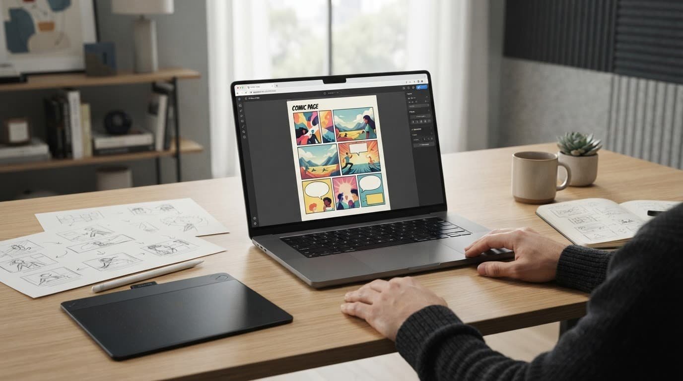 Laptop showing comic panels beside sketches and a tablet.