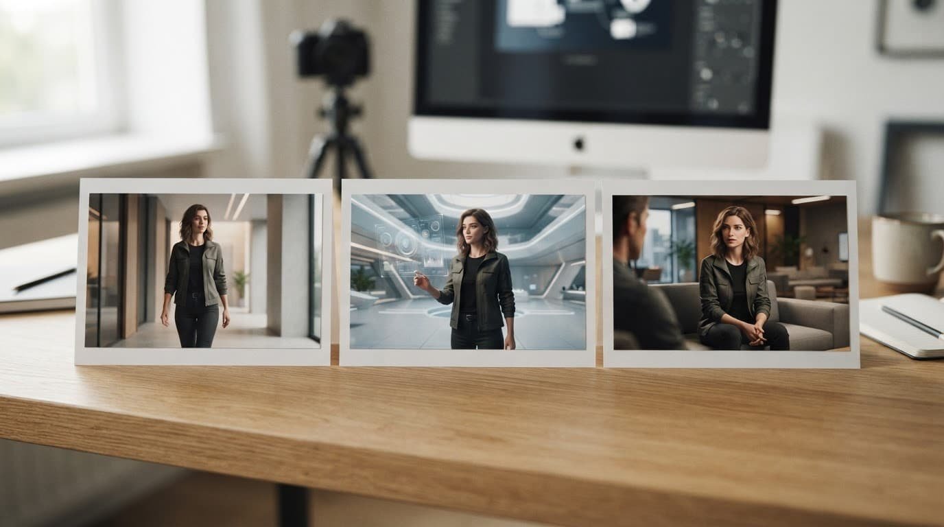 Three storyboard frames show the same character in different poses on a studio table.