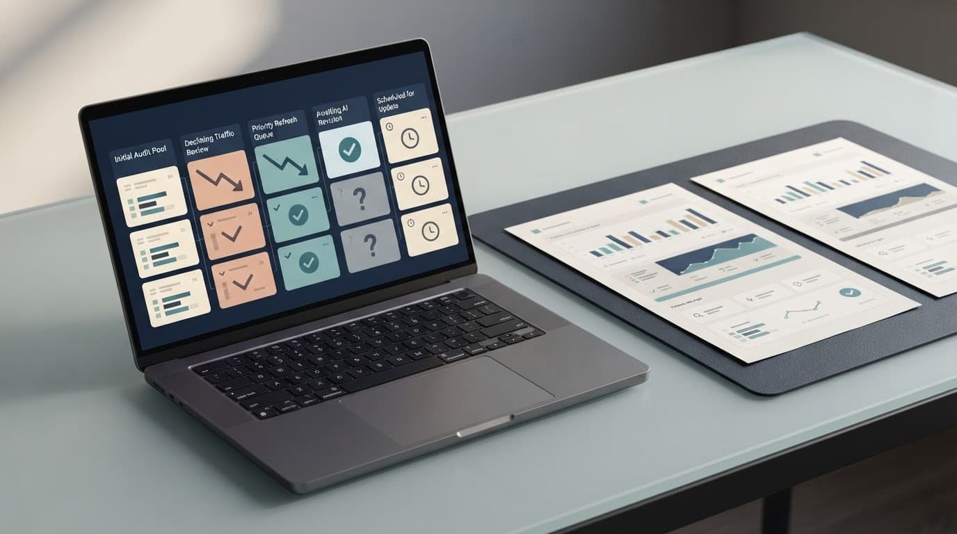 Laptop and paper pages arranged in a left-to-right content review workflow.