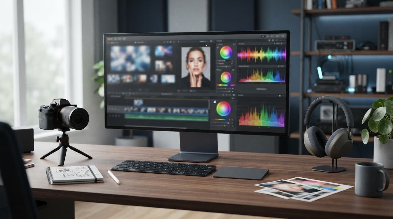 A monitor, camera, headphones, and media editing elements arranged on a modern studio desk.