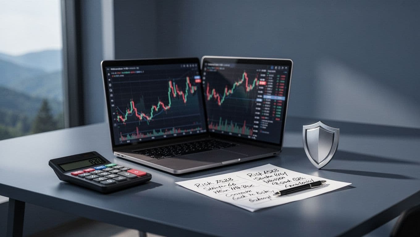 Laptop with a blurred trading chart, calculator, risk notes, and shield symbol on a modern desk.