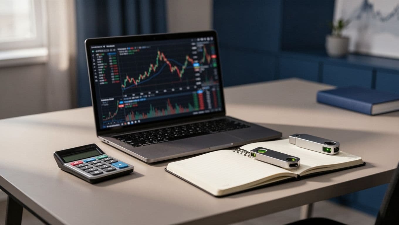Laptop with blurred market charts, calculator, notebook, and hardware wallet on a modern desk.