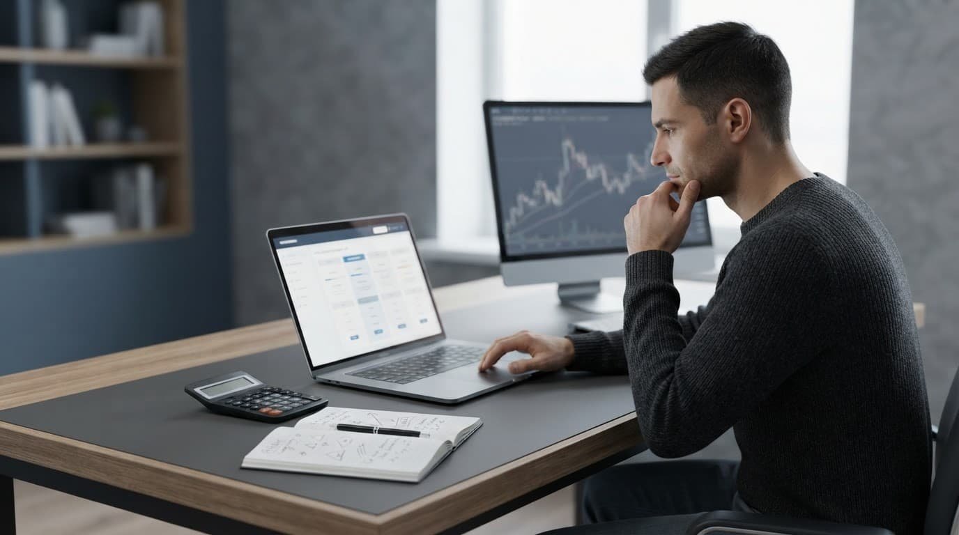 A trader reviews a laptop beside a calculator and risk notes in a modern office.