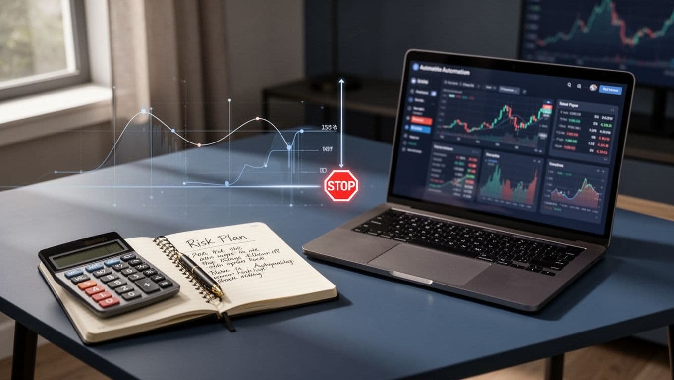 Blurred crypto dashboard beside a risk notebook and calculator on a home office desk.