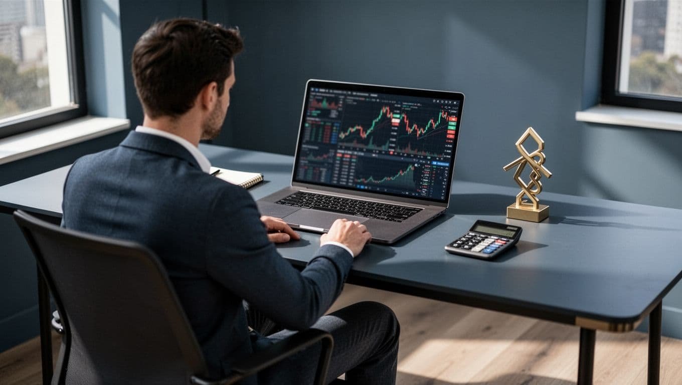 Person reviewing blurred crypto charts with a notebook and calculator in a home office.