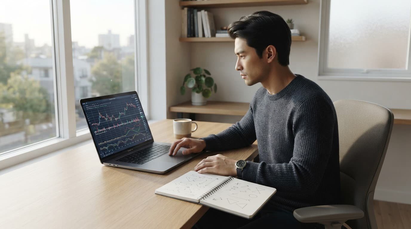 A crypto trader compares automated strategies with handwritten risk notes at a laptop.