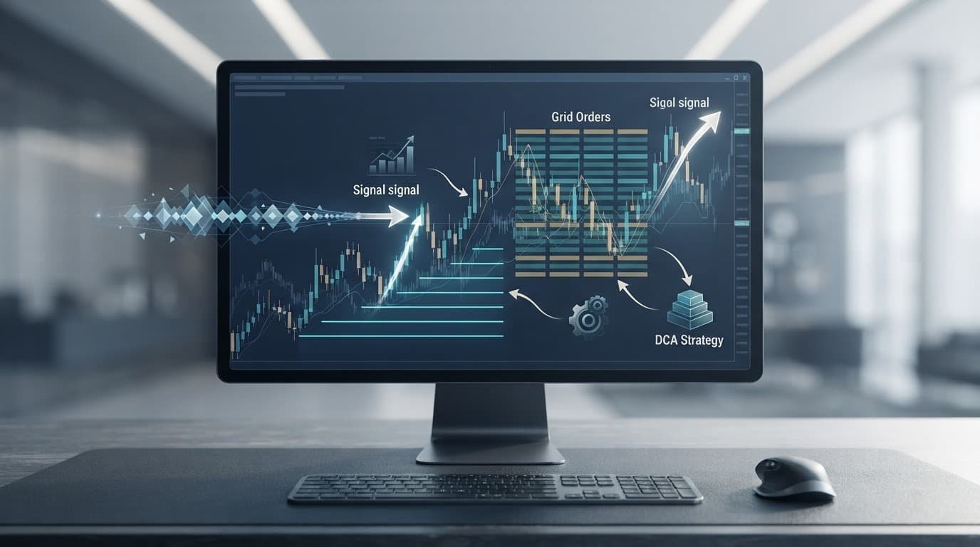 A monitor shows automated crypto trading workflows around a digital asset price chart.
