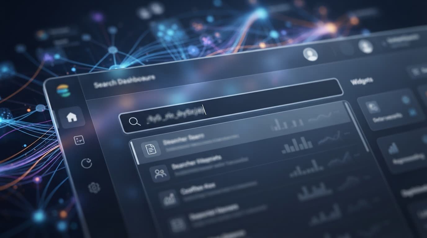 Close-up of a dashboard search interface with connected data patterns in the background.