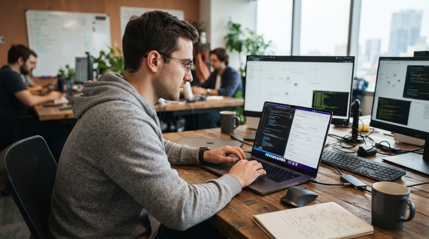 Developer reviewing agent settings on a laptop at a clean desk.