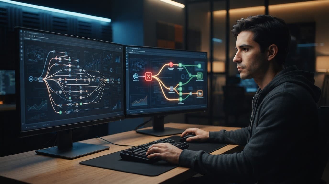 A developer reviews a failed execution branch and replay path on two monitors.