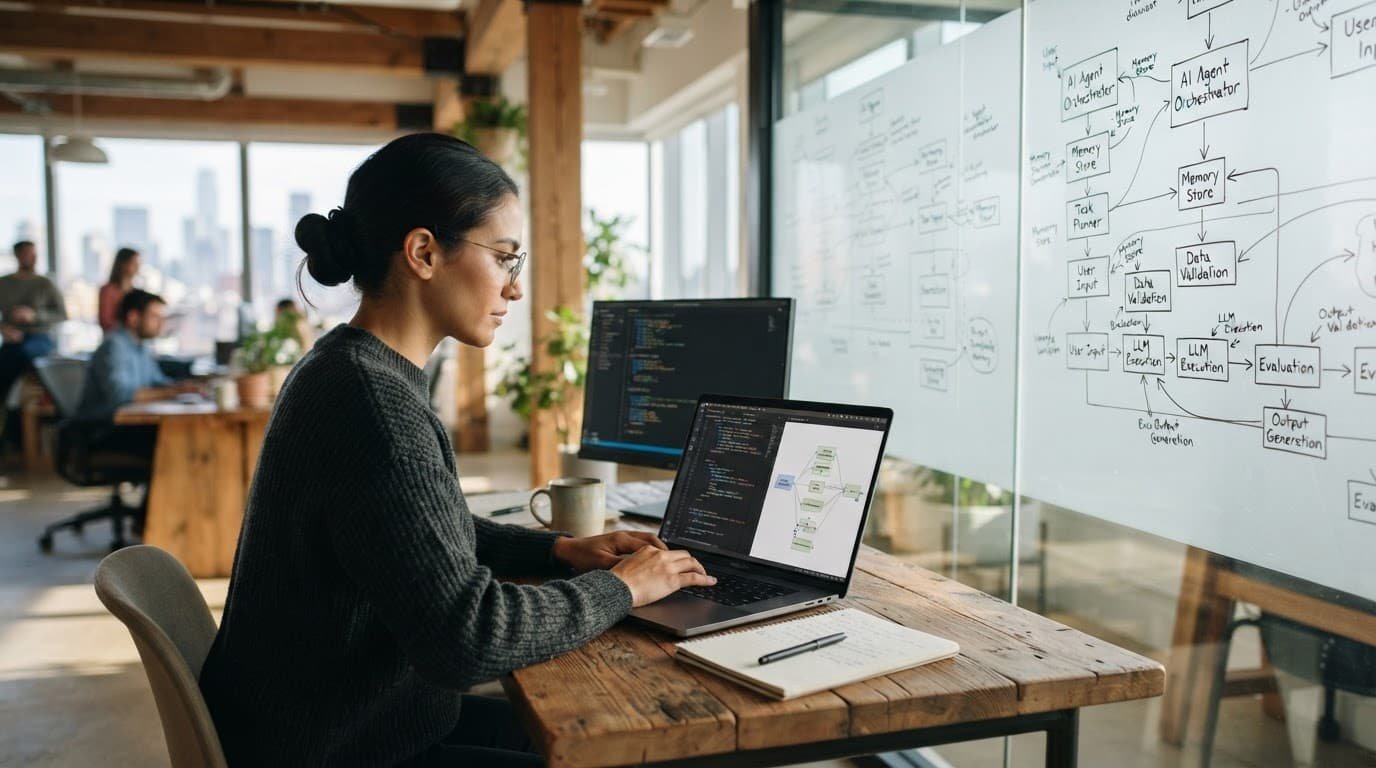 A developer uses a laptop beside a flowchart-covered whiteboard in a bright office.