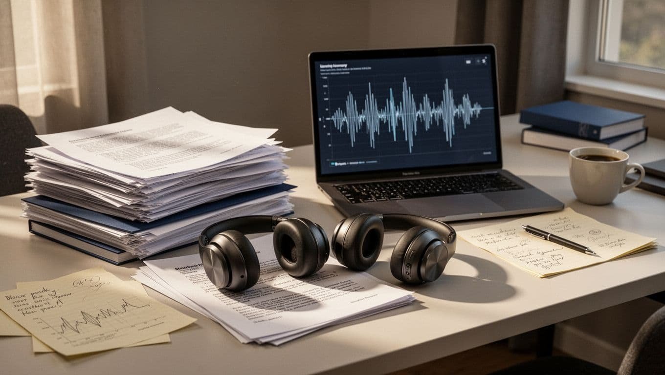 Headphones and document stacks sit beside a laptop showing abstract waveforms.