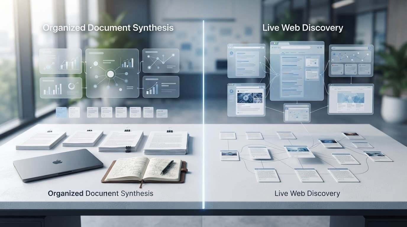 Laptop comparing organized documents with live web research materials.