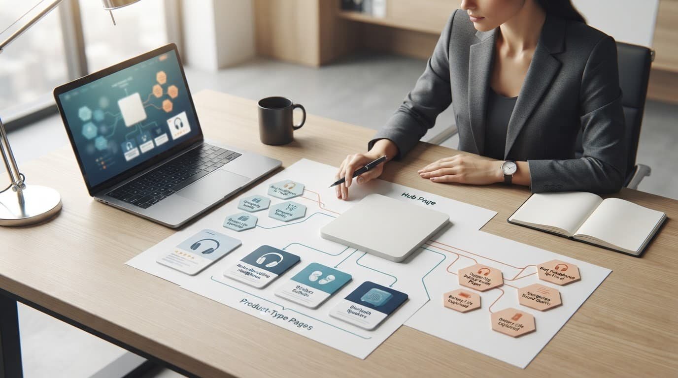 One person arranges page cards linking an ecommerce category hub to product and guide pages.