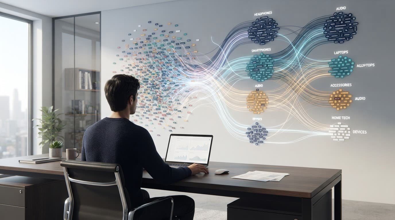 An analyst watches product keywords become organized topic clusters at a workstation.