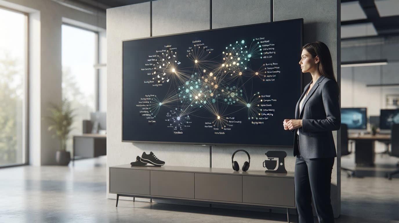 An analyst reviews connected ecommerce categories on a large monitor beside product silhouettes.